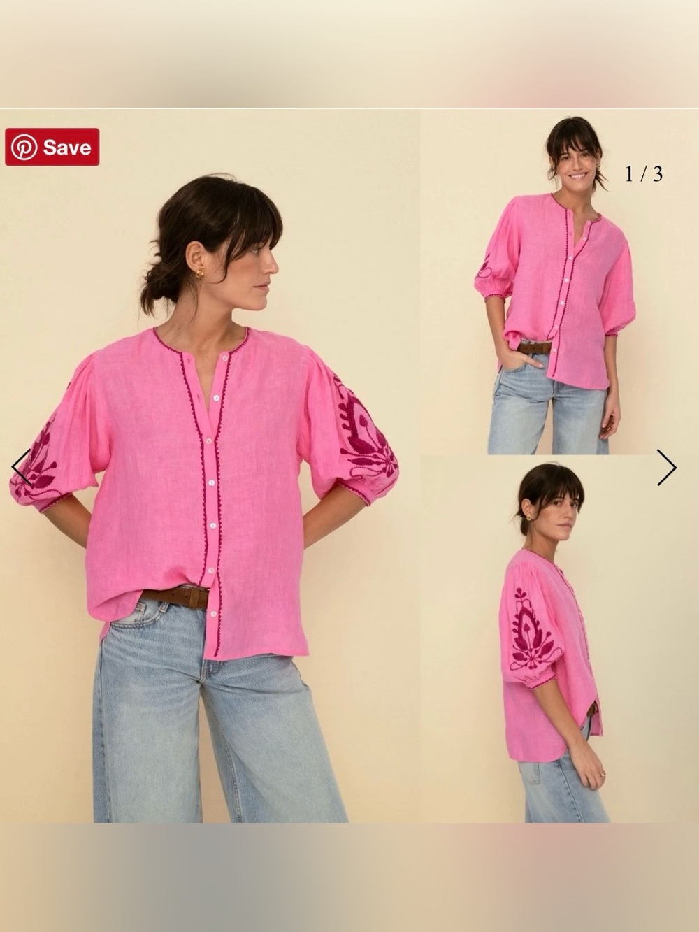 Sonmer Pink Embroidered Linen Mily Blouse Size Large